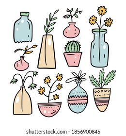 Home flowers drawing cartoon style. Colorful vector illustration isolated on white background.