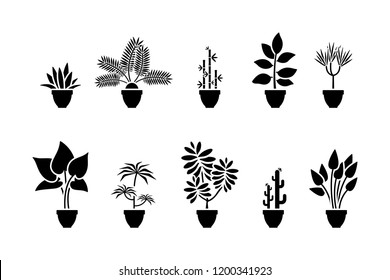 Home flowers icon set. Black pictogram of plant in pot