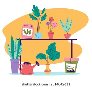 Home flowers plants standing on shelves simple line style isolated concept 