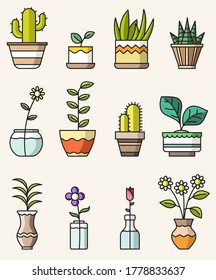 Vector aislado de estilo plano coloridos iconos de flores y plantas del hogar