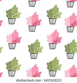 Home flowers in pots. Vector seamless pattern in Doodle style