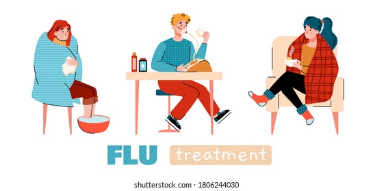 Home flu treatment banner with cartoon people doing home therapy procedures, flat vector illustration isolated on white background. Cold season disease self healing.