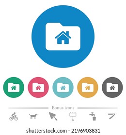 Home folder flat white icons on round color backgrounds. 6 bonus icons included.