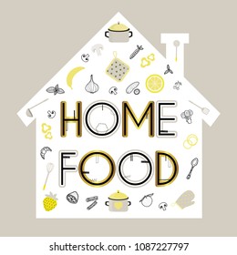 Home food. Cooking. Kitchen utensils. Food, fruits, vegetables, herbs.
Cute vector illustration