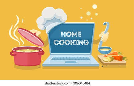 Home food cooking online recipes with laptop. Flat eps10 vector illustration