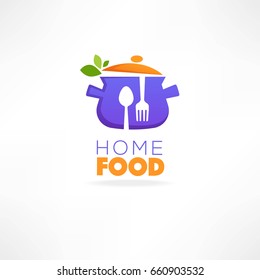 Home Food Logo, Image Of Cooking Pot, Spoon, Fork And Fresh Herbs