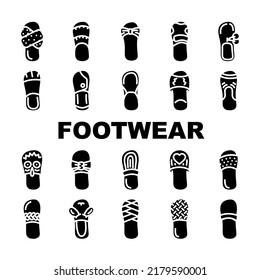 Home Footwear Comfortable Shoes Icons Set Vector. Domestic Elegant And Comfort Footwear, Leather And Textile Slippers For Walking On Beach Outdoor And House Indoor Glyph Pictograms Black Illustration