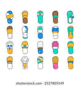 Home Schuhe Komfortable Schuhe Icons Set Vektor. Hausgemachte elegante und komfortable Schuhe, Leder und Hausschuhe aus Textilien für Spaziergänge am Strand im Freien und Haus Innenfarbe Kontur Illustrationen