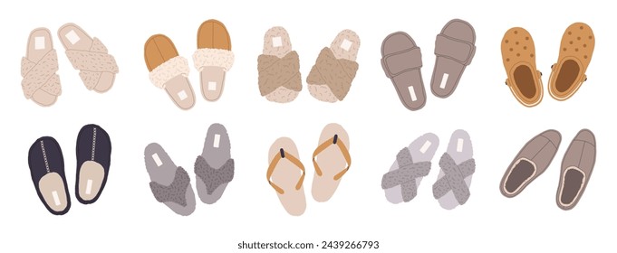 Home footwear. Cozy domestic slippers, flip flops, clogs and fluffy slippers, male and female textile house shoes flat vector illustration set. Soft indoor outfit elements