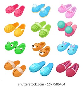 Home footwear - pairs slippers, textile domestic outfit element or garment shoes soft fabric. Comfortable kids and adult footwear with animal head, flip flops, shoes. Vector illustration.
