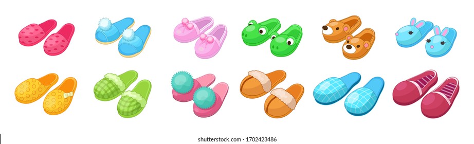 Home footwear - pairs slippers, textile domestic outfit element or garment shoes soft fabric. Comfortable kids and adult footwear with animal head, flip flops, shoes. Vector illustration.