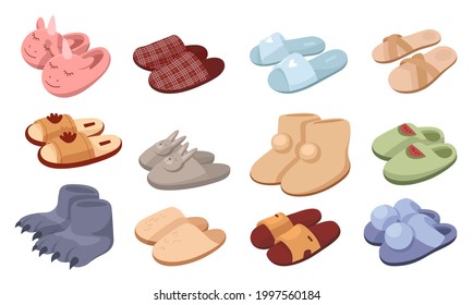 Home footwear Slippers. Male, female, kids pairs. Collections of various Flip flops shoes. Domestic outfit element. Set of flat cartoon vector illustrations isolated on white background