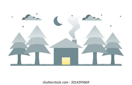 Home in forest pipe trees in night time with moon and stars winter season on white background paper cut flat vector.
