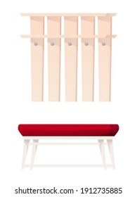Home foyer interior design elements. Bench with red seat, wooden shelves with hooks to hang clothes isolated on white background. Hall room modern furniture in house vector illustration.