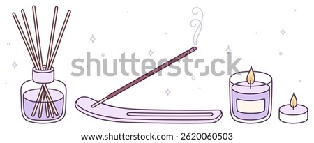 Home fragrance doodles set. Scented candles, reed aroma diffuser, incense stick. Relaxation and aromatherapy drawing. Cute hand drawn vector illustration.