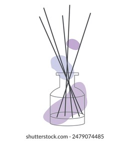 Home Fragrance Linear Icon, Glass Bottle with Wooden Aroma Sticks, Perfume for home, editable black Contour on white background with Abstract Green color Shapes. Isolated Vector Outline Illustration.