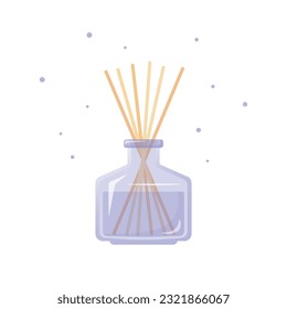 Home fragrance, purple glass bottle with aroma sticks, perfume for home, flat editable object on white background