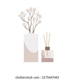 Home fragrance, reed diffuser. Wooden aroma sticks in glass jar and vase with dried flowers. Cozy home items. Essential oils and aromatherapy  concept. Cartoon flat vector illustration.