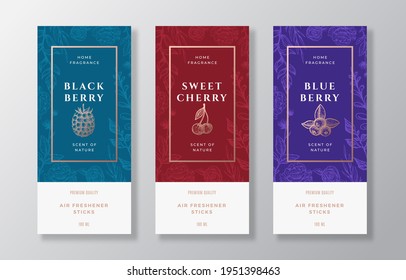 Home Fragrance Vector Label Templates Set. Hand Drawn Sketch Blackberry, Blueberry, Cherry and Flowers Background with Typography. Room Perfume Packaging Design Layout. Realistic Mockup. Isolated.