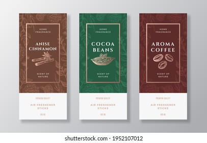 Home Fragrance Vector Label Templates Set. Hand Drawn Sketch Cinnamon, Coffee, Cocoa Beans and Flowers Background with Typography. Room Perfume Packaging Design Layout. Realistic Mockup. Isolated.