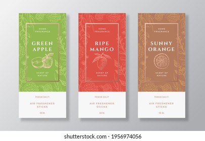 Home Fragrance Vector Label Templates Set. Hand Drawn Sketch Apples, Mango, Oranges and Flowers Background with Typography. Room Perfume Packaging Design Layout. Realistic Mockup. Isolated.