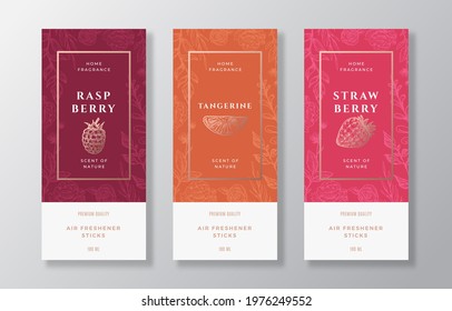 Home Fragrance Vector Label Templates Set. Hand Drawn Sketch Raspberry, Strawberry, Tangerine and Flowers Background with Typography. Room Perfume Packaging Design Layouts Realistic Mockup. Isolated.