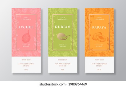 Home Fragrance Vector Label Templates Set. Hand Drawn Sketch Lychee, Durian, Papaya and Flowers Background with Typography. Room Perfume Packaging Design Layouts Realistic Mockup. Isolated.