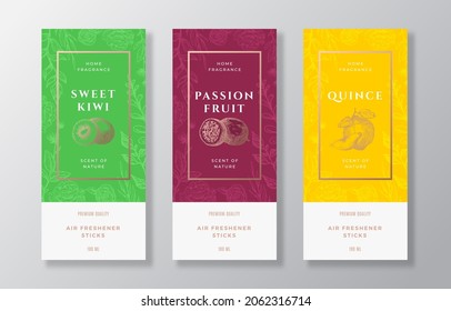 Home Fragrance Vector Label Templates Set. Hand Drawn Sketch Kiwi, Passion Fruit, Quince And Flowers Background With Typography. Room Perfume Packaging Design Layouts Realistic Mockup. Isolated.