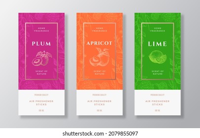 Home Fragrance Vector Label Templates Set. Hand Drawn Sketch Plums, Apricots, Lime and Flowers Background with Typography. Room Perfume Packaging Design Layouts Realistic Mockup. Isolated.