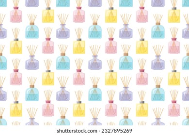 Home fragrances seamless pattern, colorful glass bottles with aroma sticks on white background, flat design