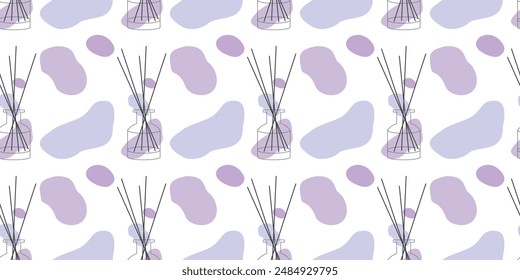 Home fragrances Seamless pattern, Glass bottles with aroma Bamboo sticks, Loop background with perfumes for home, flat linear design Diffusers isolated on white. Aromatherapy concept illustration