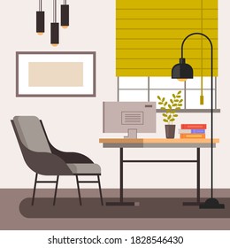 Home freelance workplace interior furniture concept. Vector flat graphic design illustration