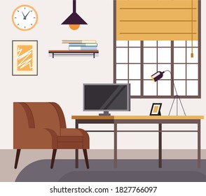 Home freelancer workplace room interior concept. Vector flat graphic design illustration