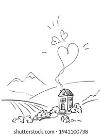 Home full of love with heart shaped smoke from chimney, Idyllic rural landscape doodle. Secluded cozy house stands among the hills with mountains on the distance, Vector illustration simple drawing