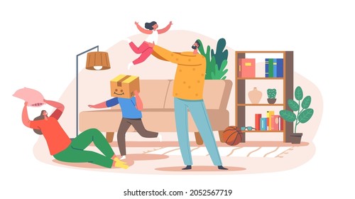 Home Fun Concept. Happy Family Characters Parents And Kids Playing, Fooling Around The Room. Father, Mother And Kids Making Mess, Mom, Dad And Children Game. Cartoon People Vector Illustration