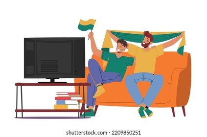 Home Fun Party Concept With Dad And Son Characters Spend Time Together Watching Football On Tv Sitting On Couch. Sport Fans Leisure, Spare Time, Family Relations. Cartoon People Vector Illustration