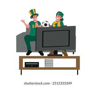 Home Fun Party Concept with Dad and Son Characters Spend Time Together Watching Football on Tv Sitting on Couch. Sport Fans Leisure, Spare Time, Family Relations. Cartoon People Vector Illustration