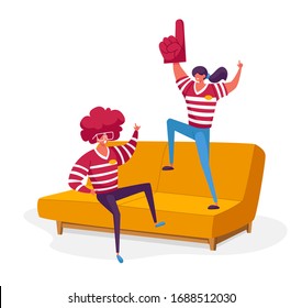 Home Fun Party Friends Characters Company Spending Time Together Watching Football on Tv. Man and Woman Sport Fans Weekend Leisure, Spare Time, Friendship Relations. Cartoon People Vector Illustration