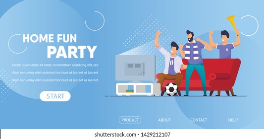 Home Fun Party Horizontal Banner, Friends Company Spending Time Together Watching Football On Tv. Men Sport Fans Weekend Leisure, Spare Time, Friendship Relations. Cartoon Flat Vector Illustration