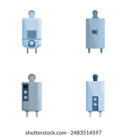 Home furnace icons set cartoon vector. Gas boiler and electric water heater. Heating equipment