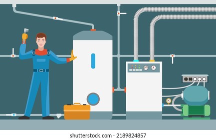 Home furnace installation. House heater maintenance with boiler room interior and engineer, residencial heating technician repair work vector illustration