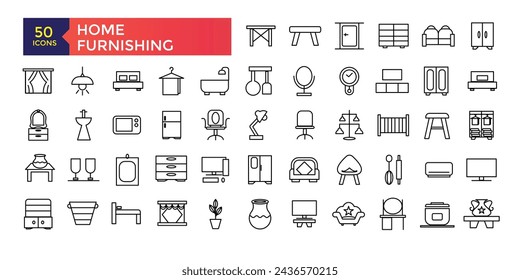 Home Furnishing and Furniture flat line icons set. sofa table, bookcase closet, chair, mattress, lamps, ladder vector illustrations. Outline signs of house interior