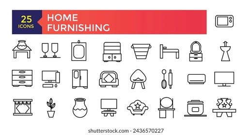 Home Furnishing and Furniture flat line icons set. sofa table, bookcase closet, chair, mattress, lamps, ladder vector illustrations. Outline signs of house interior
