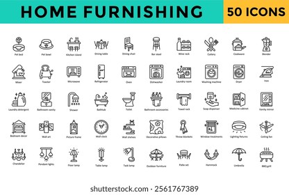 Home Furnishing icons set with pet bed, pet bowl, kitchen island, dining table, dining chair, bar stool, wine rack, cutlery, cookware, blender icon. Simple line vector 