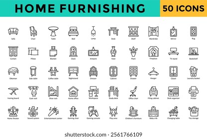 Home Furnishing icons set with sofa, chair, table, bed, lamp, desk, shelf, wardrobe, mirror, rug icon. Simple line vector 