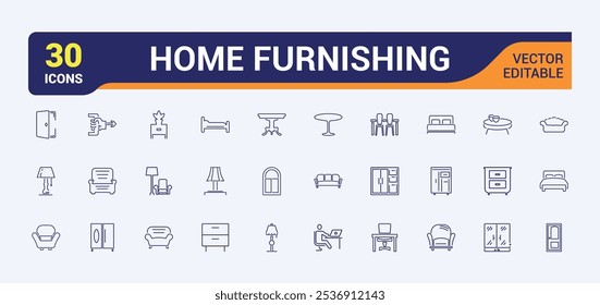 Home Furnishing line icon collections. Related to improvement, bedroom, decoration, furnishing, bathroom and more. Isolated icons design. Editable vector icon and illustration.