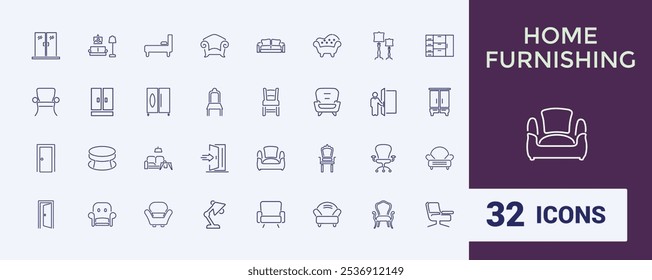 Home Furnishing line icon collections. Related to improvement, bedroom, decoration, furnishing, bathroom and more. Isolated icons design. Editable vector icon and illustration.