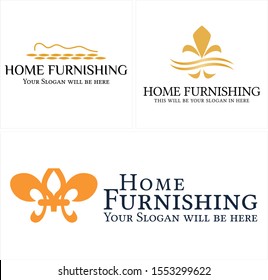 Home furnishing logo with Fleur De Lis swoosh and people lay sleeping orange vector suitable for retail company provider