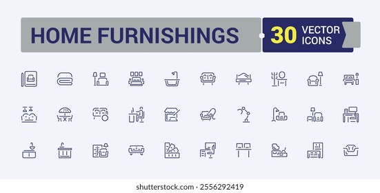 Home Furnishings line icons set. Contains such icons as decor, chandelier, room, wardrobe, chair, cupboard, decoration, pillow. Modern thin icons. Editable vector stroke.