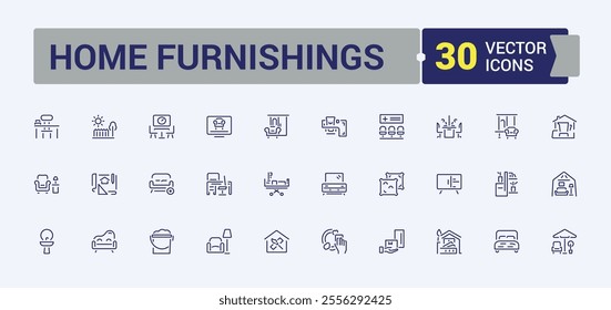 Home Furnishings line icons set. Contains such icons as decor, chandelier, room, wardrobe, chair, cupboard, decoration, pillow. Modern thin icons. Editable vector stroke.